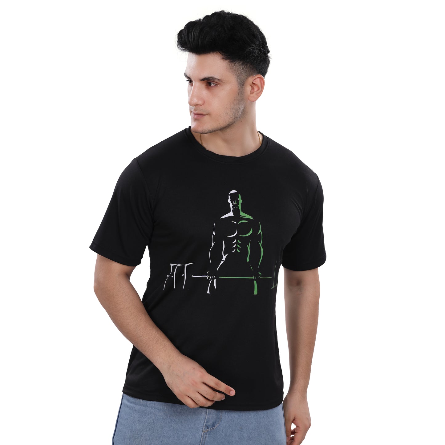 A man wearing a NutraStore supplement brand black t-shirt with a graphic print in the center, running and holding a basketball.