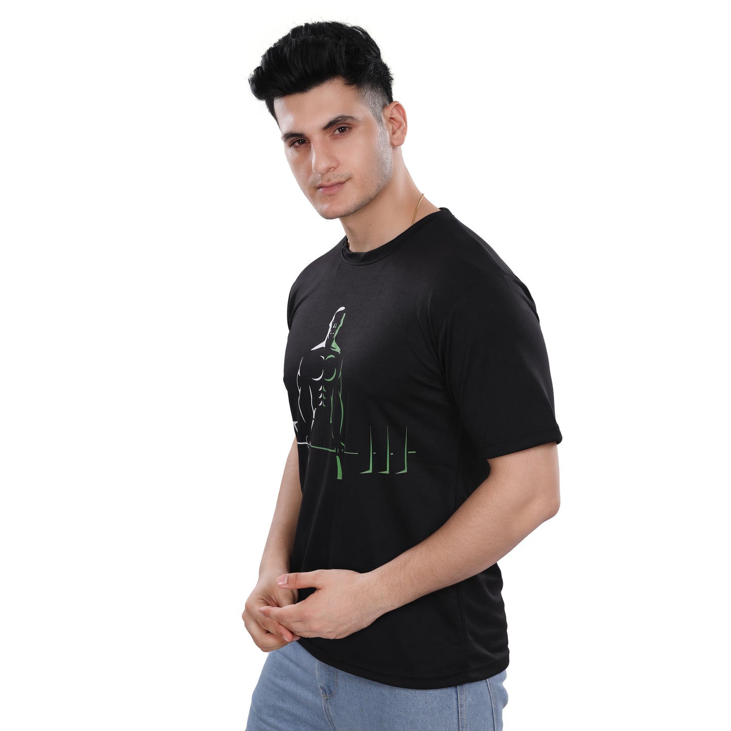 A man wearing a NutraStore supplement brand black t-shirt with a graphic print in the center, running and holding a basketball.