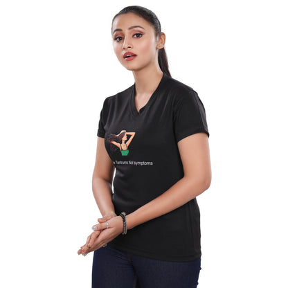 A woman wearing a NutraStore natural supplement brand black t-shirt with a graphic print in the center, running and holding a basketball.
