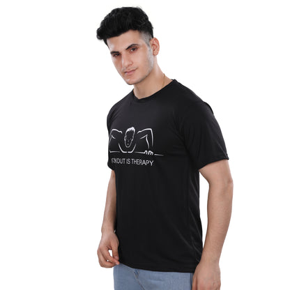 A man wearing a NutraStore natural supplement brand black t-shirt with a graphic print in the center, running and holding a basketball.
