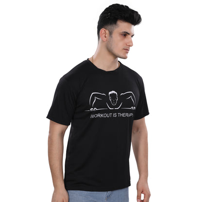 A man wearing a NutraStore natural supplement brand black t-shirt with a graphic print in the center, running and holding a basketball.